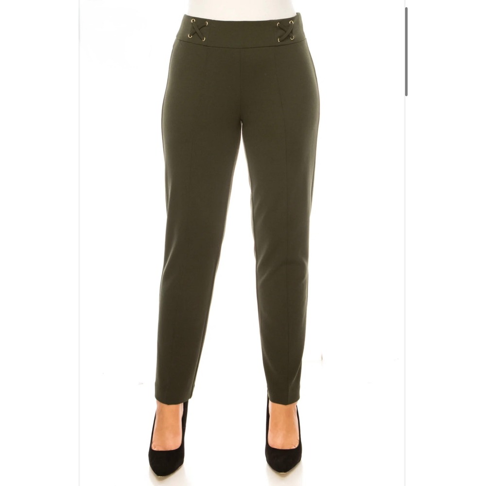 Olive Green Lace Up Waist Tapered Dress Pants Gold Grommet High Rise Trousers, L